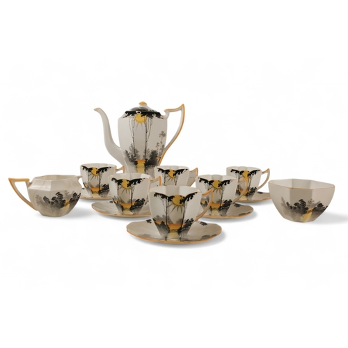 227 - A Shelley Art Deco 'Queen Anne' shape part coffee service - Sunset and Tall Trees, for six place set... 