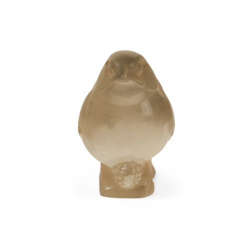 250 - An early 20th century pressed glass car mascot - clear and frosted glass, modelled as a wren seated ... 