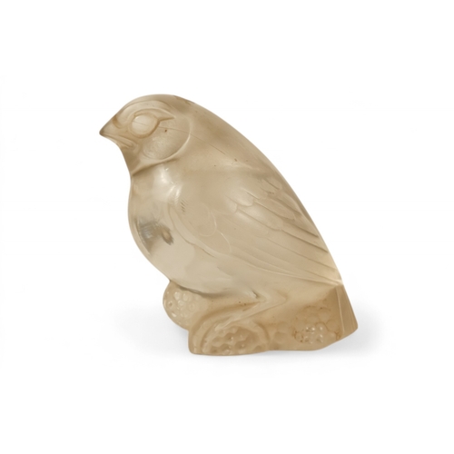 250 - An early 20th century pressed glass car mascot - clear and frosted glass, modelled as a wren seated ... 