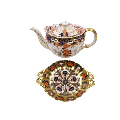 256 - A Royal Crown Derby bachelor teapot - of oval fluted form with Imari style decoration, 11cm high, to... 