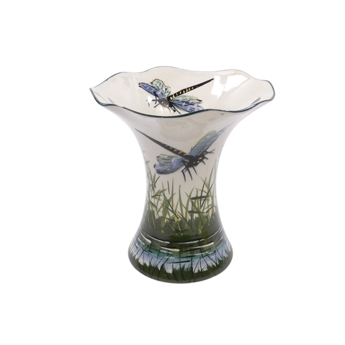 264 - Griselda Hill Pottery Wemyss ware 'Dragonfly' pattern vase - with flared wavy neck, 15cm high.