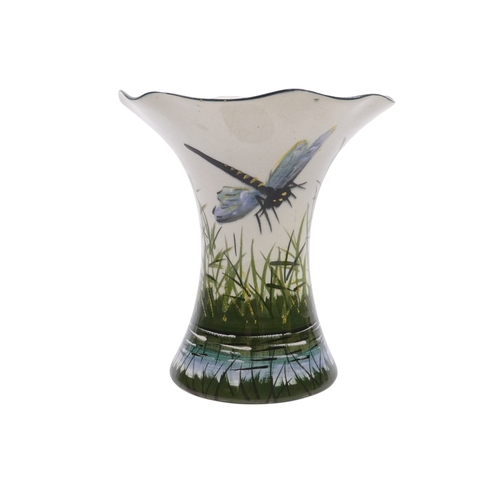 264 - Griselda Hill Pottery Wemyss ware 'Dragonfly' pattern vase - with flared wavy neck, 15cm high.