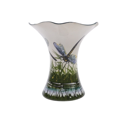 264 - Griselda Hill Pottery Wemyss ware 'Dragonfly' pattern vase - with flared wavy neck, 15cm high.