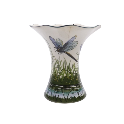 264 - Griselda Hill Pottery Wemyss ware 'Dragonfly' pattern vase - with flared wavy neck, 15cm high.