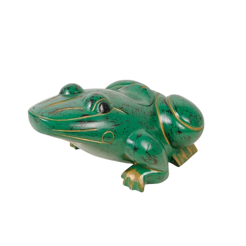 36 - An Indonesian green painted wooden frog - with gilt decoration and a hinged compartment to its back,... 