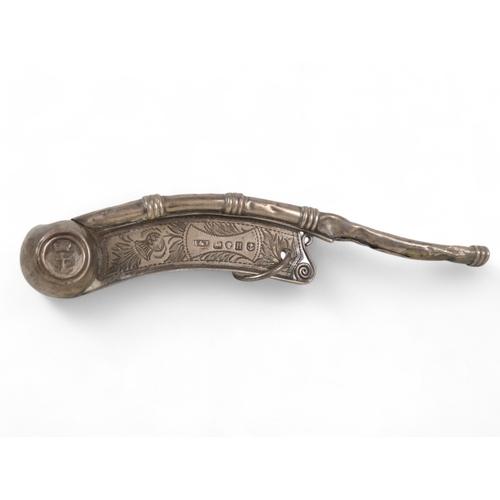 494 - A silver Bosun's whistle - Birmingham 1856, Hilliard & Thomason, Royal Navy, engraved with thistles,... 