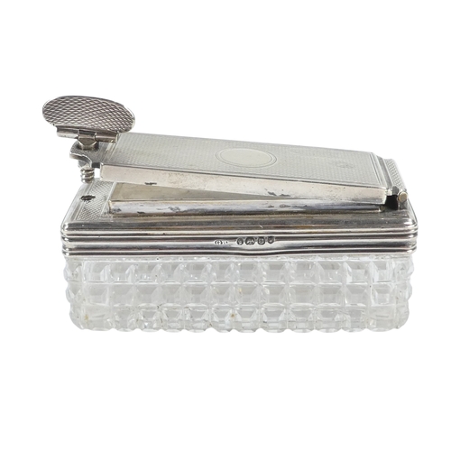 501 - A silver mounted glass inkwell - London 1839, rectangular with a hobnail cut and an engine turned sc... 