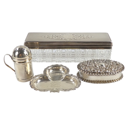 502 - A small muffin top shaker - Birmingham 1894, together with an oval patch box, a silver club shaped d... 