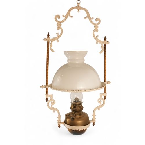 54 - A late 19th century hall lantern - square with stained glass panels and fitted with an oil lamp, 37c... 