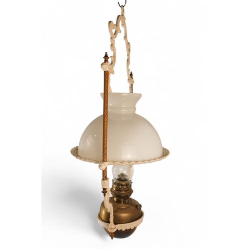 54 - A late 19th century hall lantern - square with stained glass panels and fitted with an oil lamp, 37c... 