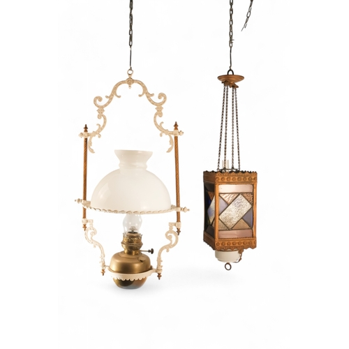 54 - A late 19th century hall lantern - square with stained glass panels and fitted with an oil lamp, 37c... 