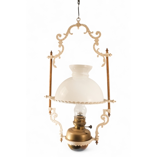 54 - A late 19th century hall lantern - square with stained glass panels and fitted with an oil lamp, 37c... 