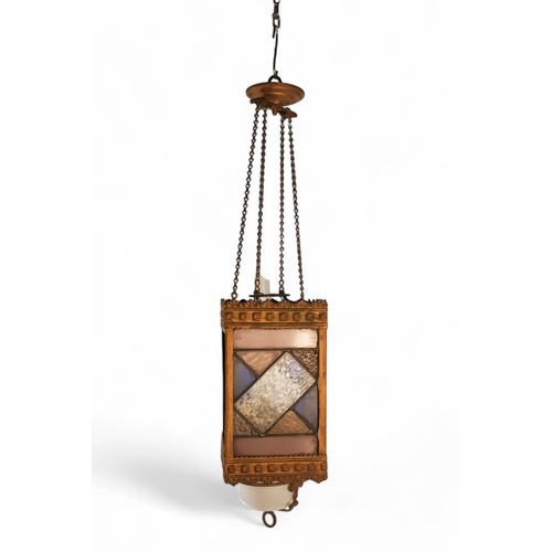 54 - A late 19th century hall lantern - square with stained glass panels and fitted with an oil lamp, 37c... 