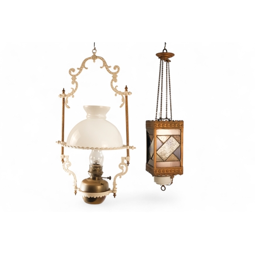 54 - A late 19th century hall lantern - square with stained glass panels and fitted with an oil lamp, 37c... 