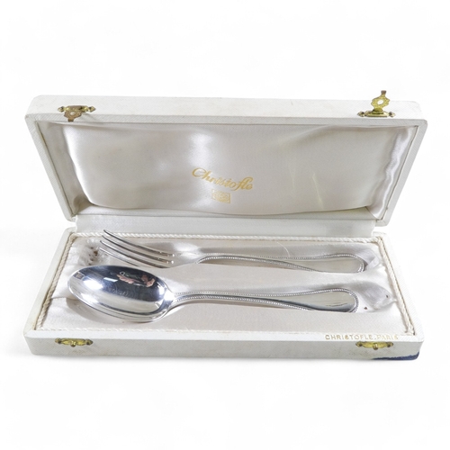 554 - A silver plated Christofle christening set - boxed engraved with ownership initials, together with a... 