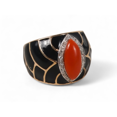 574 - A 9ct gold Art Deco cocktail ring - coral set within a diamond band on a black enamel ground, 10.4g.