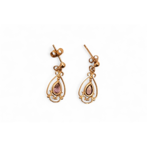 621 - A pair of 9ct gold and amethyst drop earrings - in the Art Nouveau style, together with two further ... 