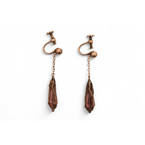 621 - A pair of 9ct gold and amethyst drop earrings - in the Art Nouveau style, together with two further ... 