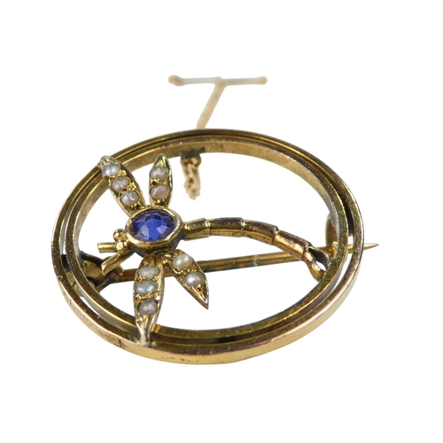 629 - A 9ct gold sapphire and pearl set brooch - annular and incorporating a dragonfly, 3g.