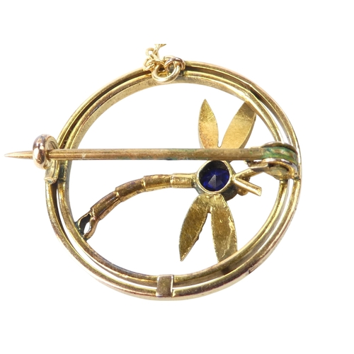 629 - A 9ct gold sapphire and pearl set brooch - annular and incorporating a dragonfly, 3g.