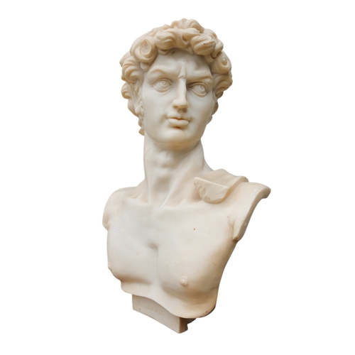 73 - A cast cream resin bust of David - raised on a spiral carved pedestal support with square base and b... 