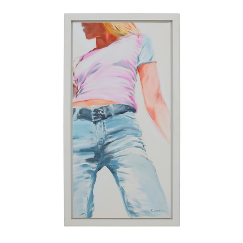 737 - COUSIN (British 20th-21st Century) Woman in Blue Jeans Oil on canvas Signed lower right Framed Pictu... 