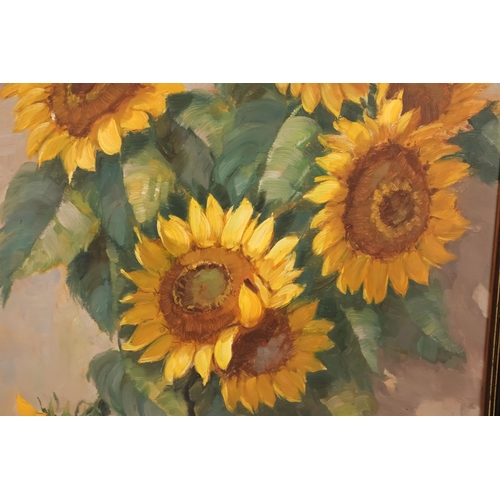 757 - British Contemporary Sunflowers Oil on canvas Indistinctly signed lower left Framed  Picture size 59... 