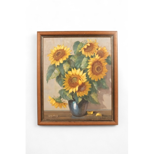 757 - British Contemporary Sunflowers Oil on canvas Indistinctly signed lower left Framed  Picture size 59... 