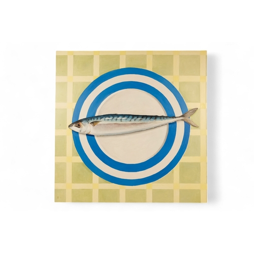 769 - Jan Merrick HORN (British b. 1948) Large Mackerel On Cornish Plate Oil on canvas Initialled lower le... 