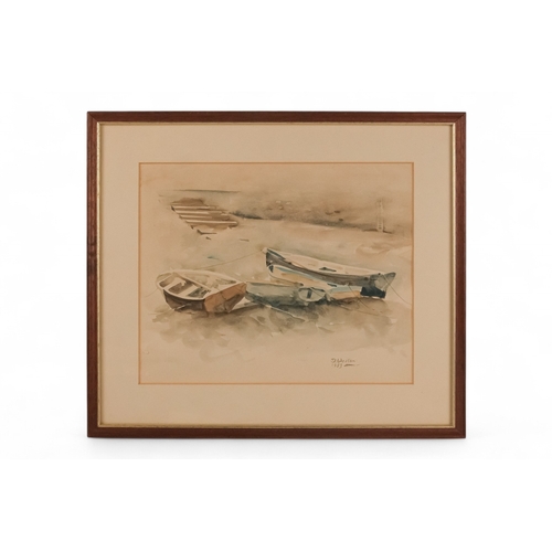 787 - David WESTON (b. 1942) Rowing Boats Low Tide Watercolour Signed and dated 1983 lower right Framed an... 