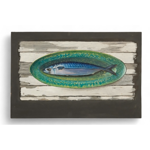 789 - Jan Merrick HORN (British b. 1948) Mackerel On Green Plate Oil on board Initialled lower left Pictur... 