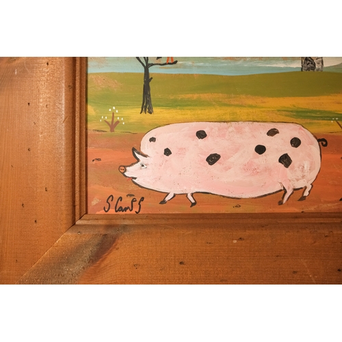 820 - Steve CAMPS (Cornish contemporary b. 1957) Pig On The Run Oil on board Signed lower left, inscribed ... 