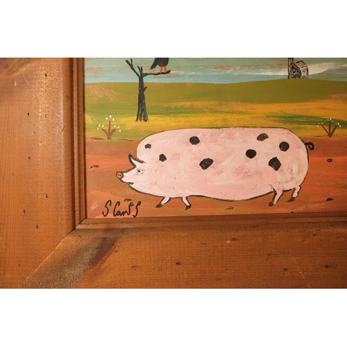 820 - Steve CAMPS (Cornish contemporary b. 1957) Pig On The Run Oil on board Signed lower left, inscribed ... 