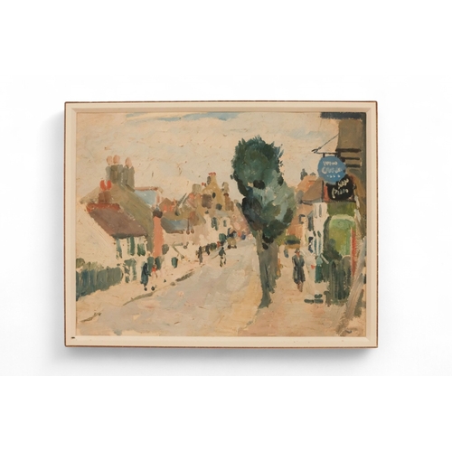 843 - Attributed to Bernard ADAMS (British 1884-1965) High Street Scene Oil on paper  Framed and glazed  P... 