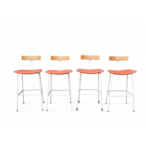 910 - Frank Guille for Kandya four tubular steel stools - circa 1950, finished in white with original oran... 