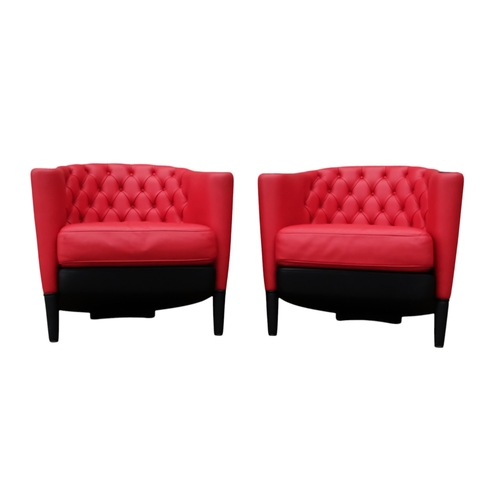 939 - A pair of Moroso leather upholstered tub chairs - button upholstered in red contrasted with black, o... 