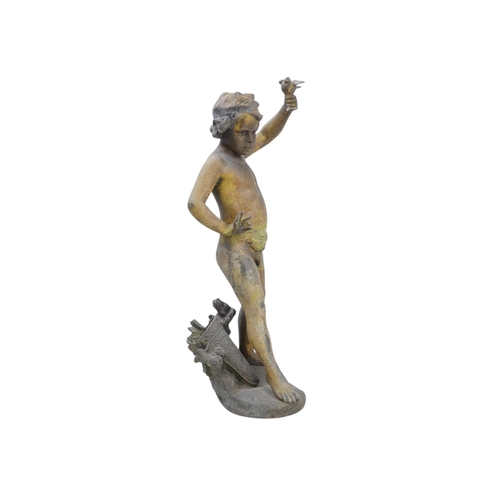 100 - A late 19th century spelter figure of a young boy - holding a bird, 37cm high, together with a small... 