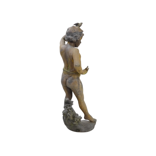 100 - A late 19th century spelter figure of a young boy - holding a bird, 37cm high, together with a small... 