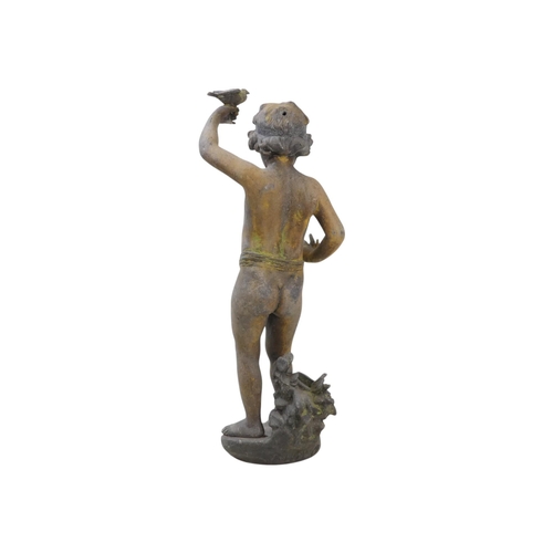 100 - A late 19th century spelter figure of a young boy - holding a bird, 37cm high, together with a small... 