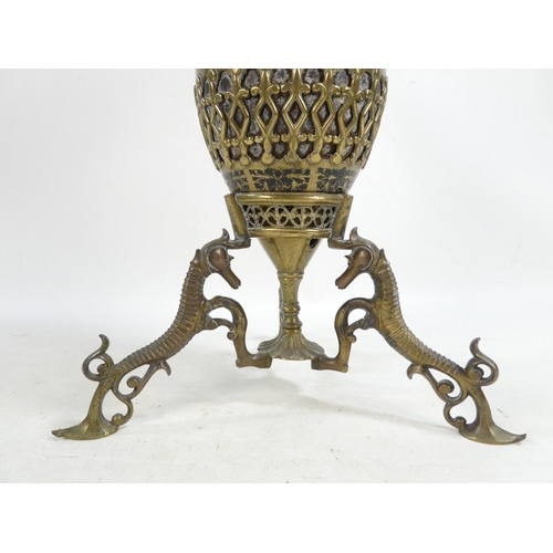 11 - An early 20th century Turkish brass and enamel lamp base - decorated with foliage and flowers on a l... 