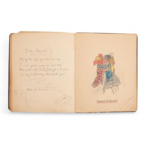 111 - An early 20th century autograph book - with green leather yapp binding enclosing coloured pages, wit... 