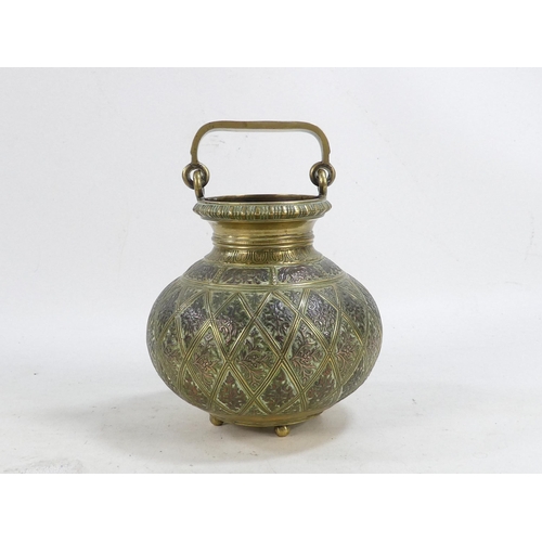 12 - A late 19th century cast brass Persian jug - with decorative copper foliate within lozenge panels an... 