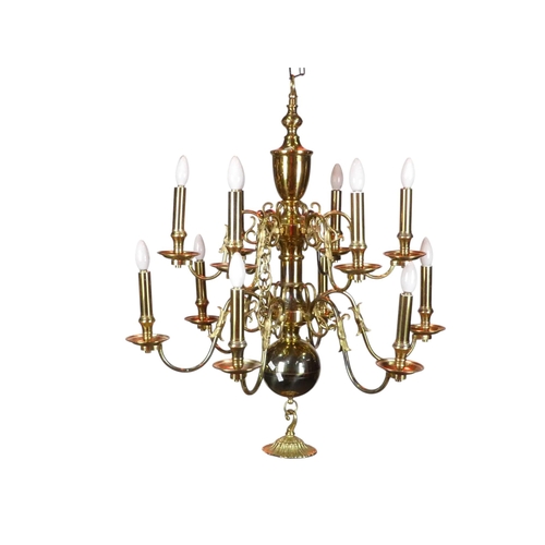 156 - A 17th century style Dutch brass chandelier - with an arrangement of twelve S shaped arms in two row... 