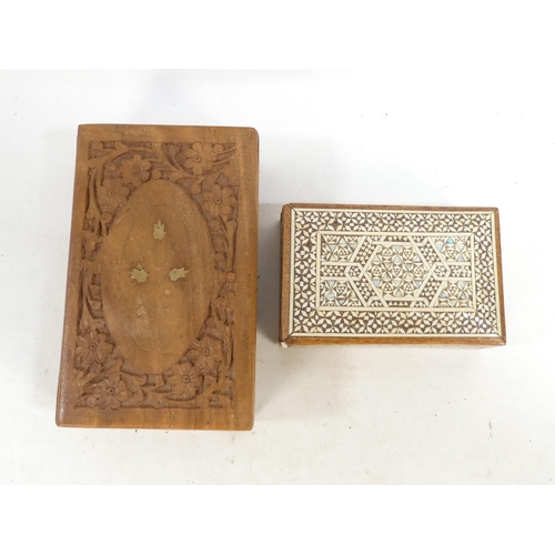 18 - An early 20th century Damascus ware wooden and inlaid box - square, the hinged cover incorporating m... 