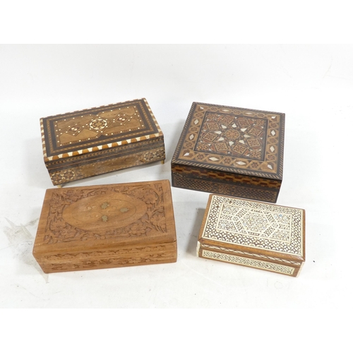 18 - An early 20th century Damascus ware wooden and inlaid box - square, the hinged cover incorporating m... 