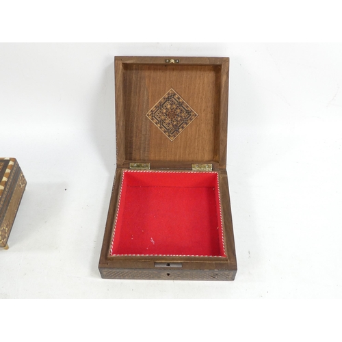 18 - An early 20th century Damascus ware wooden and inlaid box - square, the hinged cover incorporating m... 