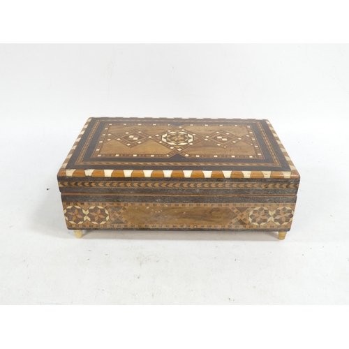 18 - An early 20th century Damascus ware wooden and inlaid box - square, the hinged cover incorporating m... 