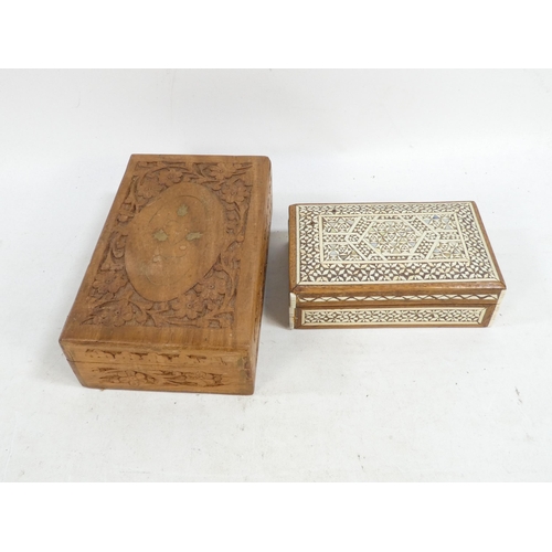 18 - An early 20th century Damascus ware wooden and inlaid box - square, the hinged cover incorporating m... 