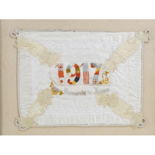 19 - An early 20th century souvenir of France - silk and lace panel embroidered with the date 1917 in the... 