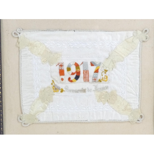 19 - An early 20th century souvenir of France - silk and lace panel embroidered with the date 1917 in the... 